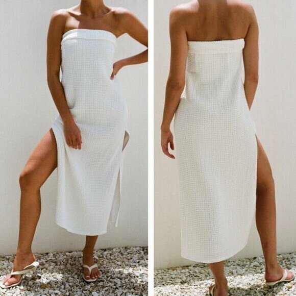 NWT SABO Lucie Strapless Natural Cotton Waffle Midi Dress Sz 2 White - Picture 1 of 7